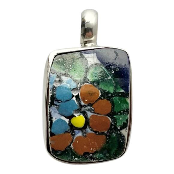 Pendant Jewelry - 925 Sterling Silver Mosaic Talavera Spanish Mexican Flower Ceramic Tile Pendant